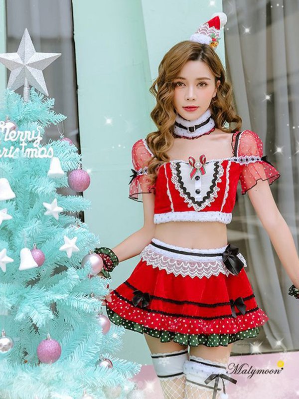 画像1: 【即日発送】【クリスマスコスプレ7点セット】【Malymoon/マリームーン】パフスリーブサンタクロース[OF03] (1)