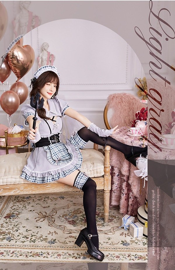画像9: 【即日発送】ゴシックチェックメイドドレス【マリームーン】【ハロウィンコスプレ6点セット】【フリーサイズ/2カラー】[OF04] (9)