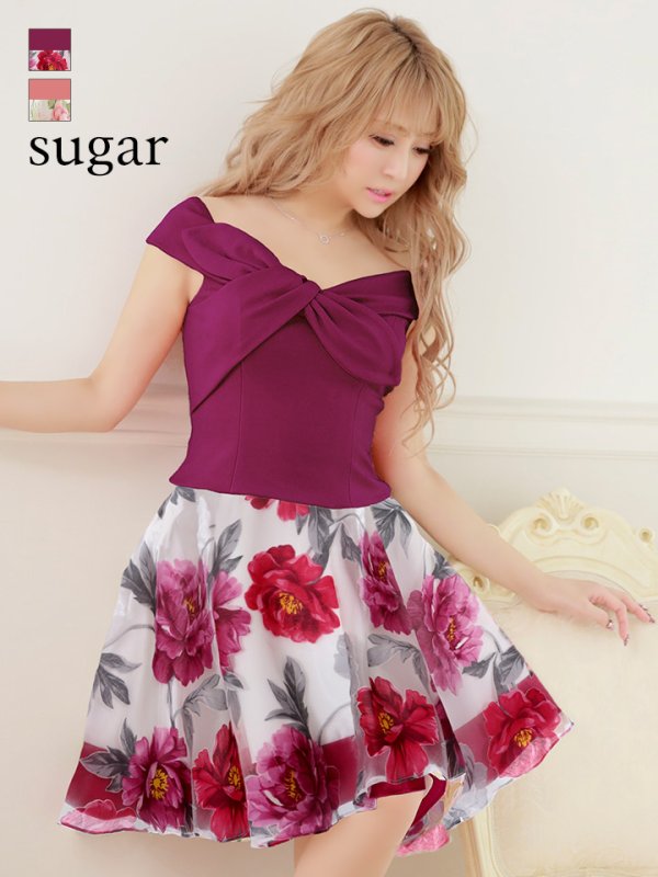 画像2: 値下げ！【高級ドレスセール】【S-Mサイズ/2カラー】リボン/フラワープリント/セットアップ/キャバドレス/ミニドレス[HC02]【AOC】 (2)