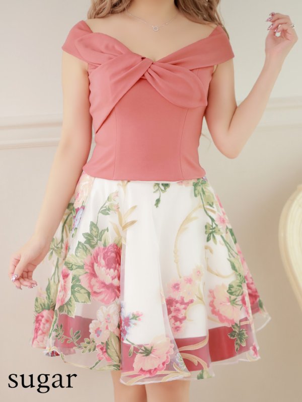 画像4: 値下げ！【高級ドレスセール】【S-Mサイズ/2カラー】リボン/フラワープリント/セットアップ/キャバドレス/ミニドレス[HC02]【AOC】 (4)