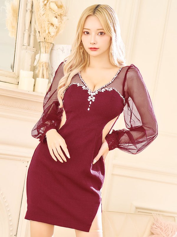 画像3: デコルテビジュードレス/チュール袖/サイド透け/シアースリット/谷間見せ/背中見せ/ミニドレス/キャバドレス【S-Lサイズ/1カラー】[HC02] 【SB】dzw (3)