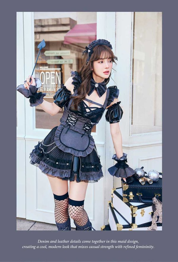 画像3: 【即日発送】レザーエッジデニムメイド【Malymoon/マリームーン】【ハロウィンコスプレ12点セット】【フリーサイズ/ワンカラー】[HC03] (3)
