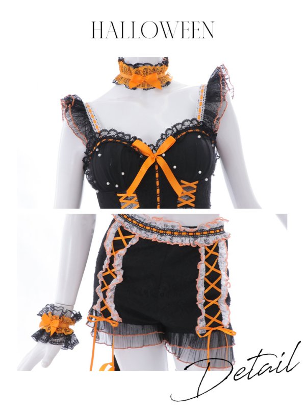 画像21: 【SALE!!】【即日発送】【ハロウィン】パールレースキャットセットアップ【コスプレ6点セット】【XS-Mサイズ/2カラー】[OF01] (21)