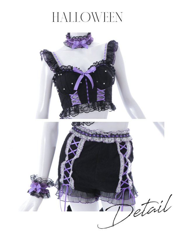 画像25: 【SALE!!】【即日発送】【ハロウィン】パールレースキャットセットアップ【コスプレ6点セット】【XS-Mサイズ/2カラー】[OF01] (25)