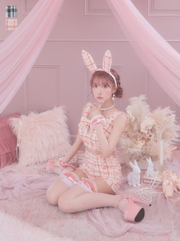 画像3: 【SALE!!】【即日発送】【ハロウィン】ツイードバニーリボンセットアップ（パンツ）【コスプレ6点セット】 【XS-Mサイズ/2カラー】[OF04] (3)