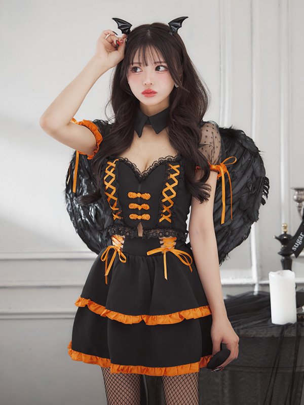 画像2: 【SALE!!】【ハロウィン】レースアップデビルスカートセットアップ 【コスプレ6点セット】[HC03-H] (2)