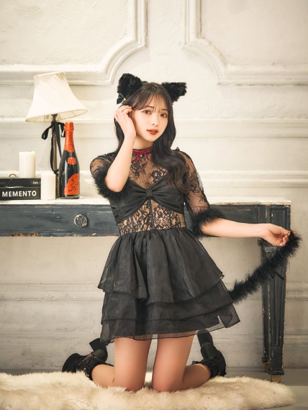 画像11: 【SALE!!】【即日発送！】【ハロウィン】 黒猫シアーレースワンピース 【コスプレ5点セット】 【S-XLサイズ/1カラー】[OF04] (11)