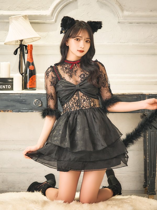 画像12: 【SALE!!】【即日発送！】【ハロウィン】 黒猫シアーレースワンピース 【コスプレ5点セット】 【S-XLサイズ/1カラー】[OF04] (12)
