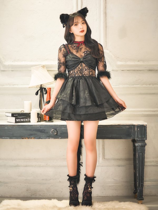 画像15: 【SALE!!】【即日発送！】【ハロウィン】 黒猫シアーレースワンピース 【コスプレ5点セット】 【S-XLサイズ/1カラー】[OF04] (15)