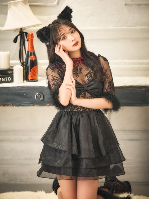 画像6: 【SALE!!】【即日発送！】【ハロウィン】 黒猫シアーレースワンピース 【コスプレ5点セット】 【S-XLサイズ/1カラー】[OF04] (6)