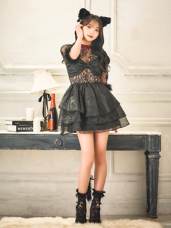 画像7: 【SALE!!】【即日発送！】【ハロウィン】 黒猫シアーレースワンピース 【コスプレ5点セット】 【S-XLサイズ/1カラー】[OF04] (7)