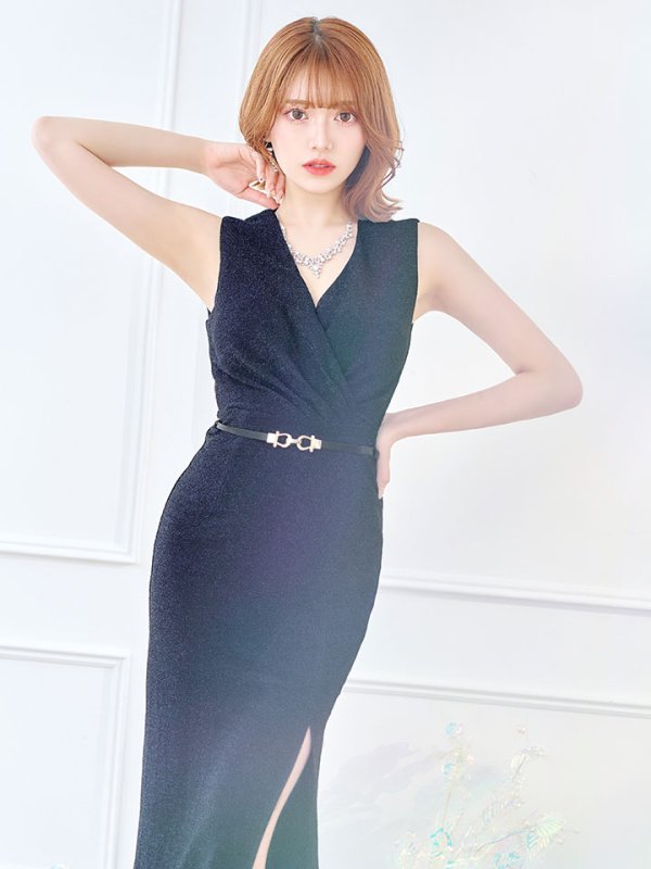 画像11: グリッターラメロングドレス/ワンカラー/カシュクール/ノースリーブ/ベルト/谷間見せ/背中隠し/キャバドレス 【S-Lサイズ/5カラー】[OF03B] 【IM】 (11)