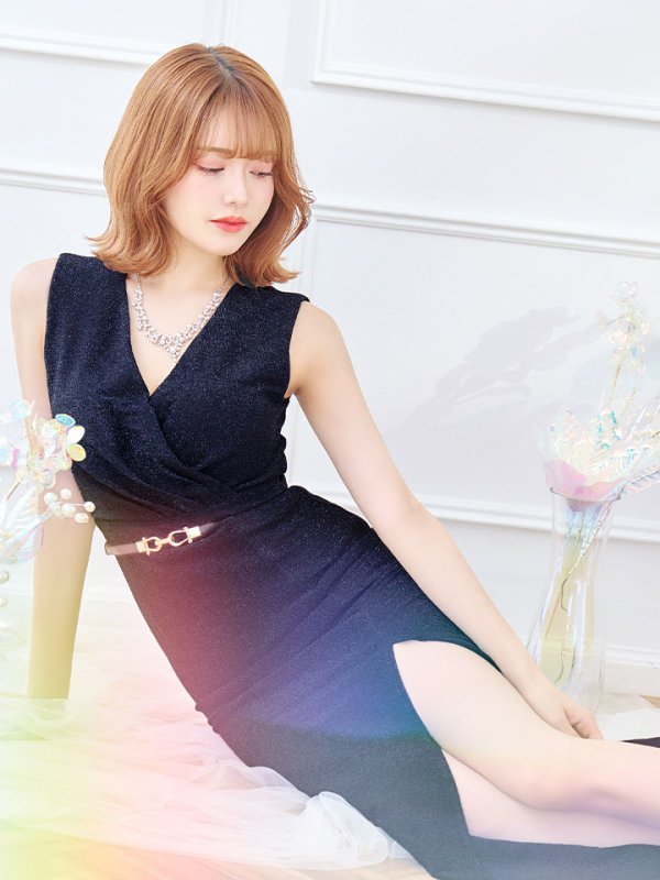 画像30: 新色登場！グリッターラメロングドレス/ワンカラー/カシュクール/ノースリーブ/ベルト/谷間見せ/背中隠し/キャバドレス 【S-Lサイズ/5カラー】[OF08-X] 【IM】 (30)