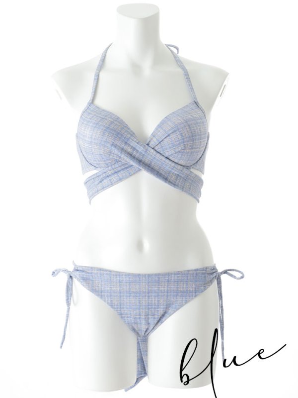 画像48: 【即日発送】【ビキニ】【水着】ツイードプリント バッククロスリボン クロスビキニ 2点セット[YMT] (48)
