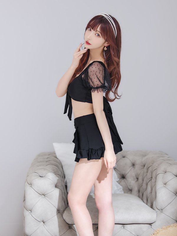 画像10: 【即日発送】【ビキニ】ドットシアースリーブスカート付きビキニ 3点セット【水着】[YMT] (10)