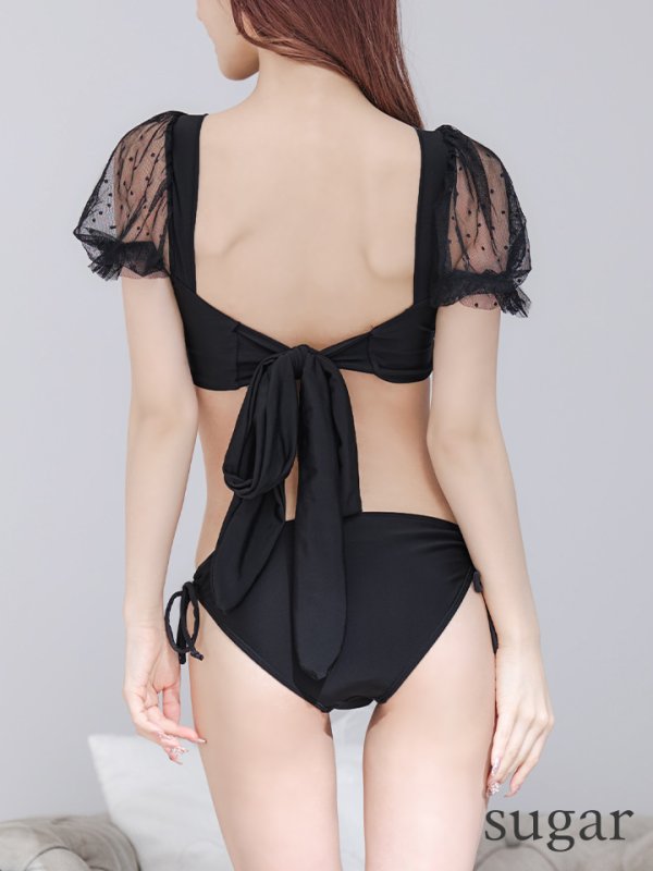 画像18: 【即日発送】【ビキニ】ドットシアースリーブスカート付きビキニ 3点セット【水着】[YMT] (18)