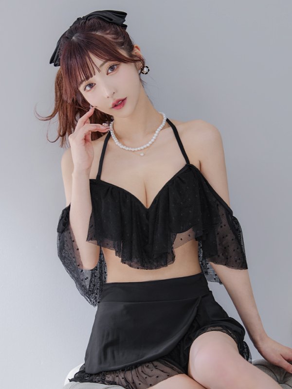 画像2: 【即日発送】【ビキニ】ドットシアーオフショルスカート付きビキニ 3点セット【水着】[YMT] (2)