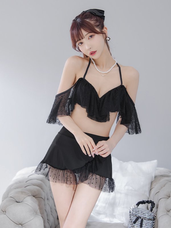 画像3: 【即日発送】【ビキニ】ドットシアーオフショルスカート付きビキニ 3点セット【水着】[YMT] (3)