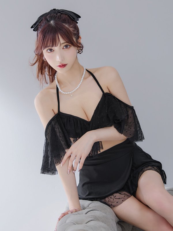 画像5: 【即日発送】【ビキニ】ドットシアーオフショルスカート付きビキニ 3点セット【水着】[YMT] (5)