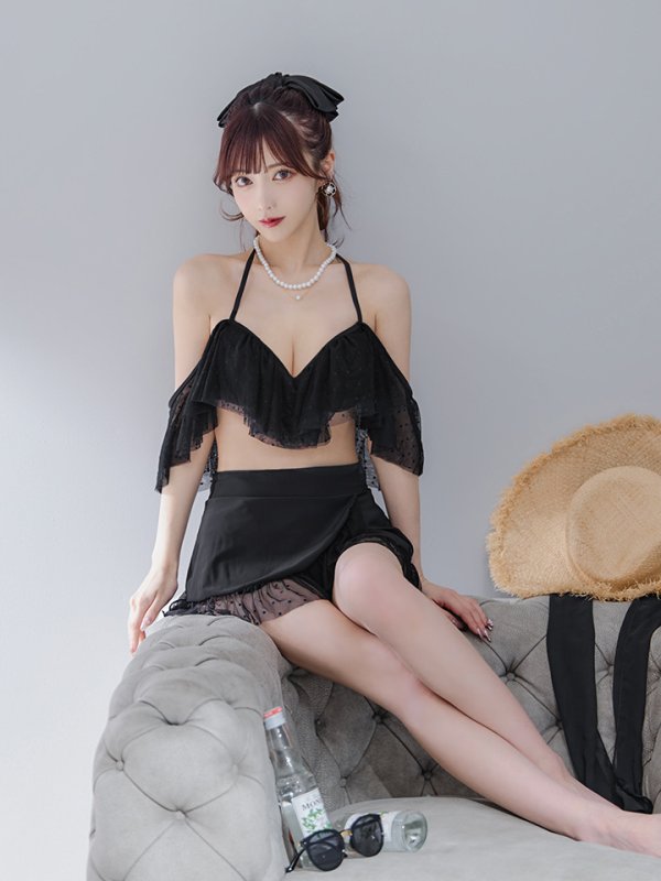 画像6: 【即日発送】【ビキニ】ドットシアーオフショルスカート付きビキニ 3点セット【水着】[YMT] (6)