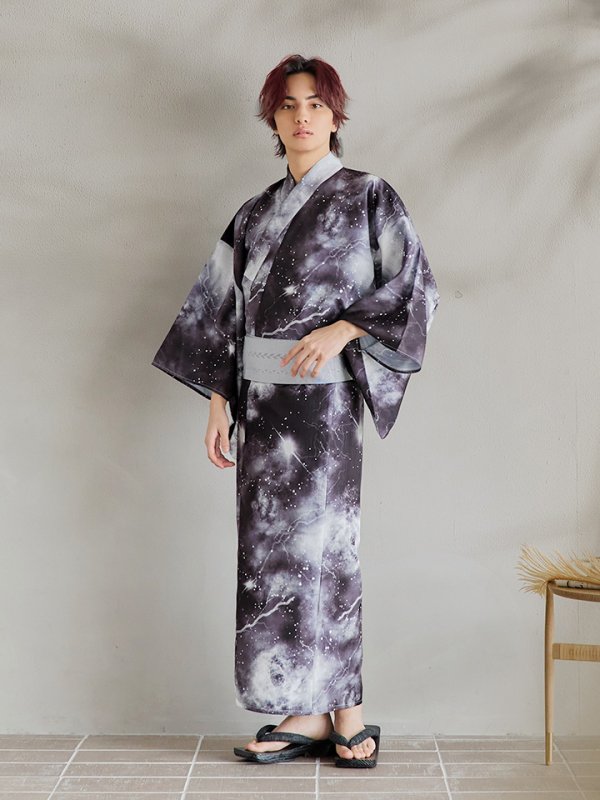 画像4: 【即日発送！】【メンズ浴衣】モノトーン×雷浴衣【浴衣３点セット 浴衣/帯/下駄】[YMT] (4)