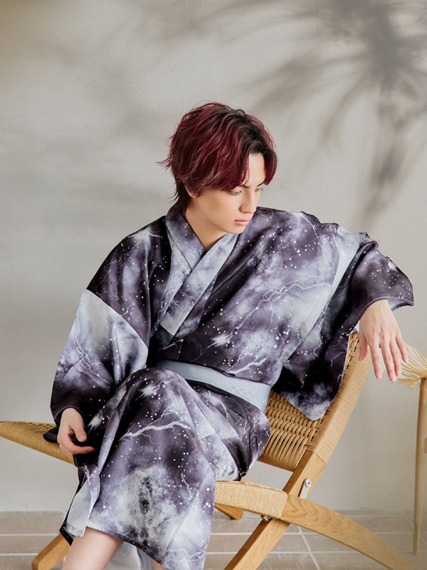 画像7: 【即日発送！】【メンズ浴衣】モノトーン×雷浴衣【浴衣３点セット 浴衣/帯/下駄】[YMT] (7)