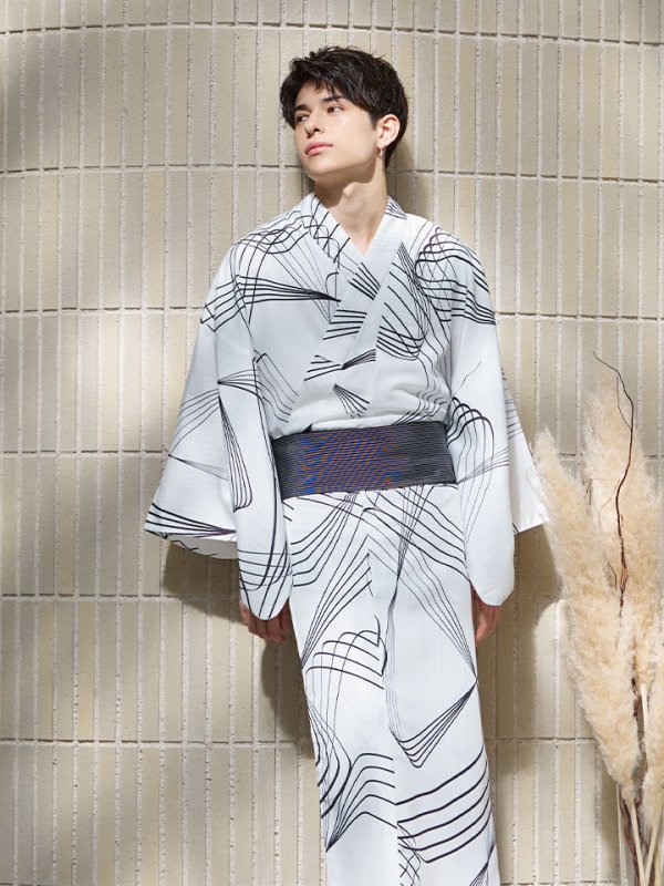 画像10: 【即日発送！】【メンズ浴衣】ホワイト×ブラック線画浴衣【浴衣３点セット 浴衣/帯/下駄】[YMT] (10)