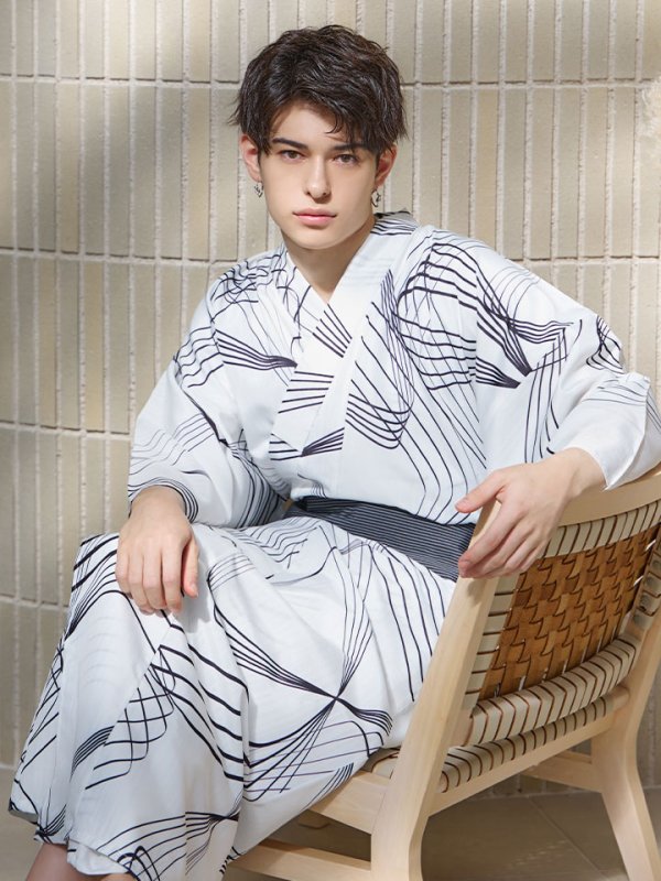 画像12: 【即日発送！】【メンズ浴衣】ホワイト×ブラック線画浴衣【浴衣３点セット 浴衣/帯/下駄】[YMT] (12)