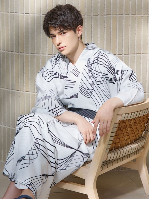 画像13: 【即日発送！】【メンズ浴衣】ホワイト×ブラック線画浴衣【浴衣３点セット 浴衣/帯/下駄】[YMT] (13)