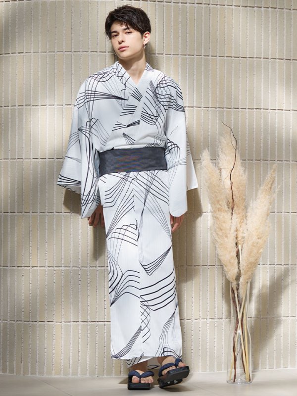 画像15: 【即日発送！】【メンズ浴衣】ホワイト×ブラック線画浴衣【浴衣３点セット 浴衣/帯/下駄】[YMT] (15)
