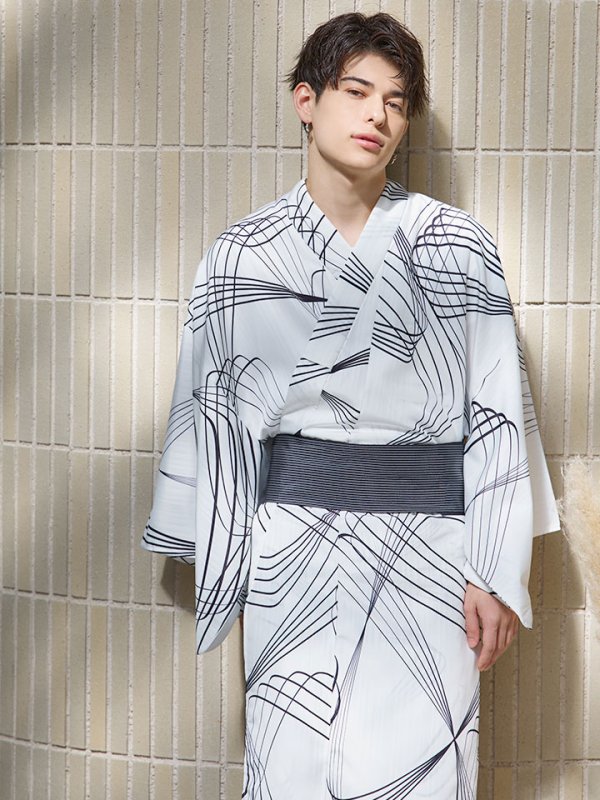 画像3: 【即日発送！】【メンズ浴衣】ホワイト×ブラック線画浴衣【浴衣３点セット 浴衣/帯/下駄】[YMT] (3)