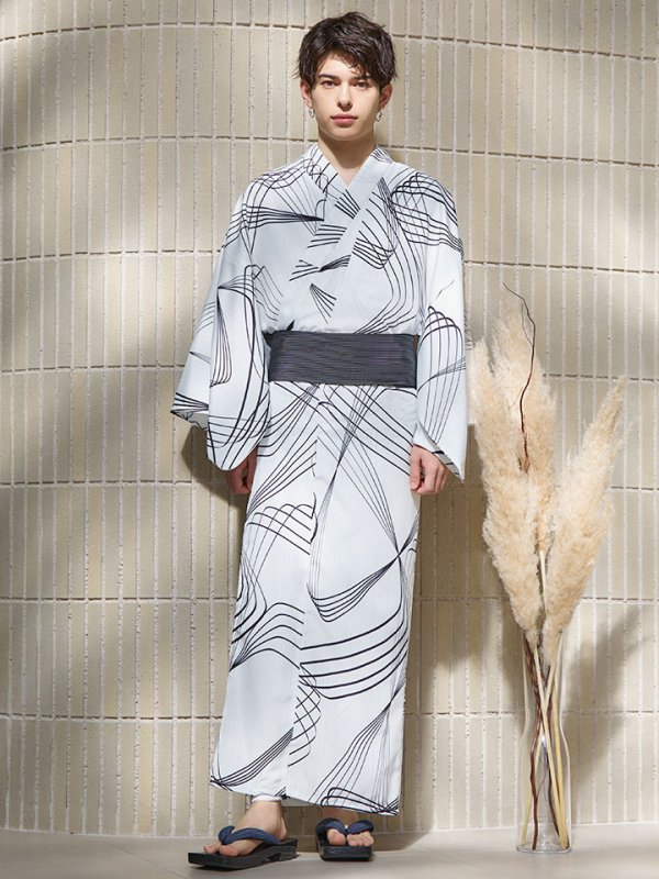 画像4: 【即日発送！】【メンズ浴衣】ホワイト×ブラック線画浴衣【浴衣３点セット 浴衣/帯/下駄】[YMT] (4)