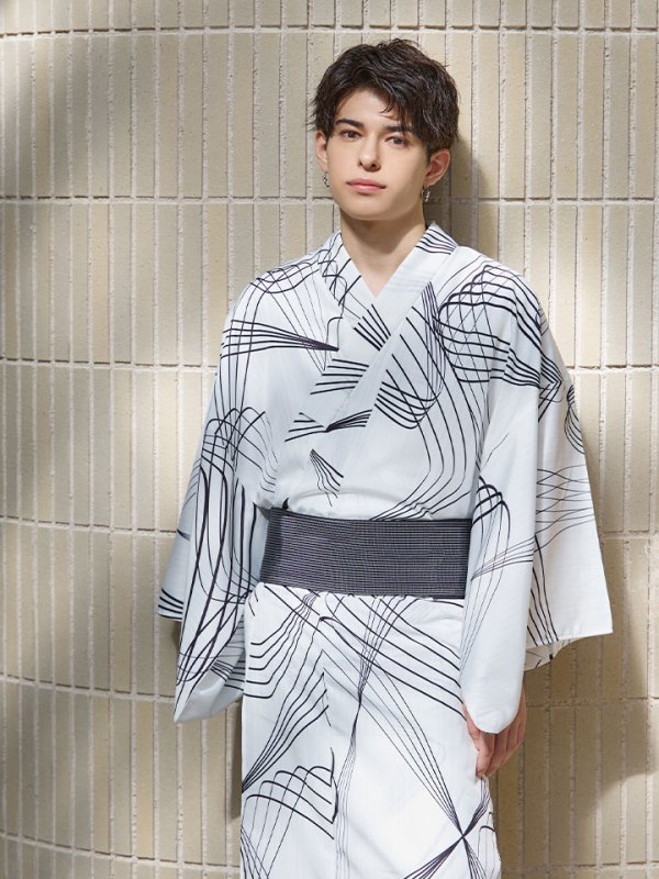 画像6: 【即日発送！】【メンズ浴衣】ホワイト×ブラック線画浴衣【浴衣３点セット 浴衣/帯/下駄】[YMT] (6)