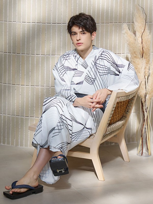 画像8: 【即日発送！】【メンズ浴衣】ホワイト×ブラック線画浴衣【浴衣３点セット 浴衣/帯/下駄】[YMT] (8)