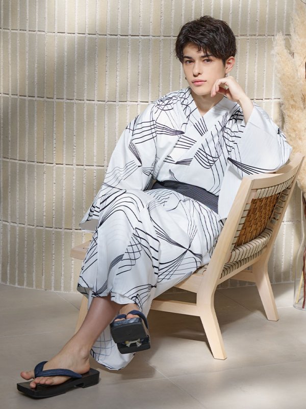 画像9: 【即日発送！】【メンズ浴衣】ホワイト×ブラック線画浴衣【浴衣３点セット 浴衣/帯/下駄】[YMT] (9)