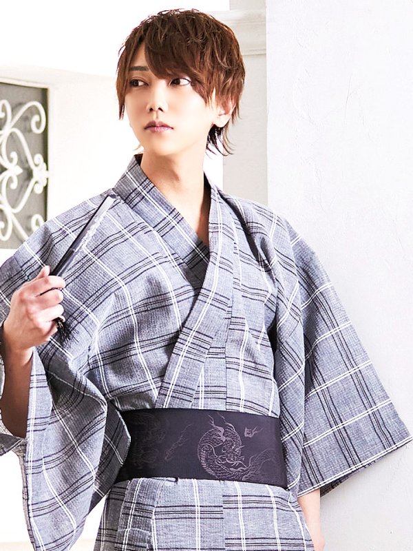 画像4: 【即日発送】【浴衣セット】グレー地格子柄メンズ浴衣【浴衣３点セット 浴衣/帯/下駄】[HC02] (4)