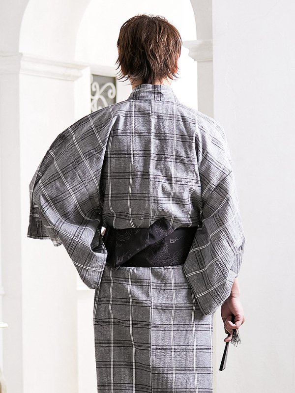 画像5: 【即日発送】【浴衣セット】グレー地格子柄メンズ浴衣【浴衣３点セット 浴衣/帯/下駄】[HC02] (5)