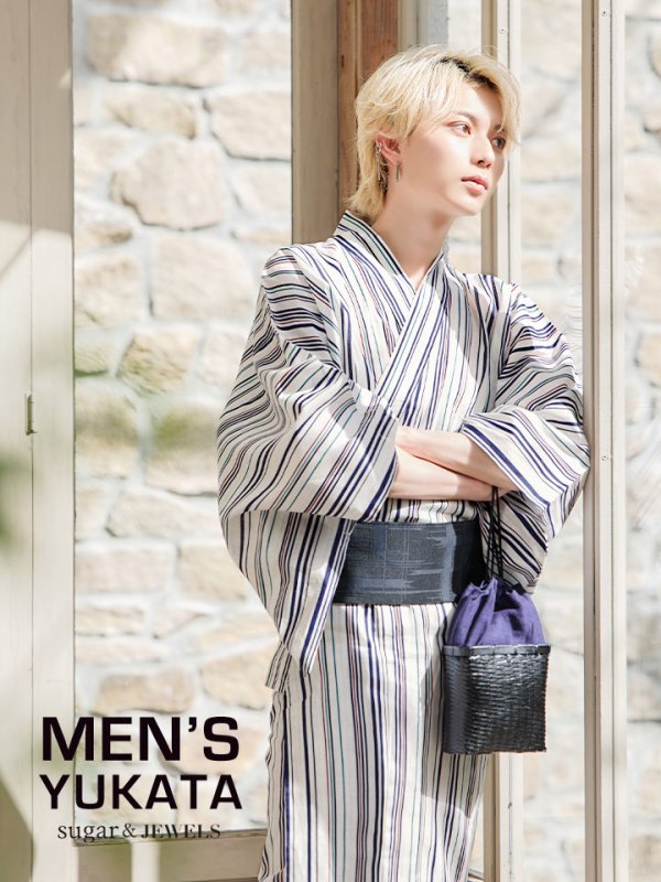 画像2: 【即日発送】【メンズ浴衣】白地×スタイリッシュストライプ浴衣【浴衣３点セット 浴衣/帯/下駄】[YMT] (2)