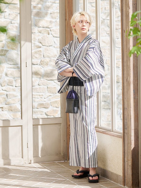 画像3: 【即日発送】【メンズ浴衣】白地×スタイリッシュストライプ浴衣【浴衣３点セット 浴衣/帯/下駄】[YMT] (3)