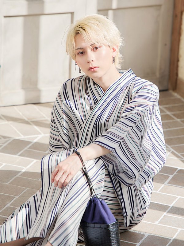 画像7: 【即日発送】【メンズ浴衣】白地×スタイリッシュストライプ浴衣【浴衣３点セット 浴衣/帯/下駄】[YMT] (7)