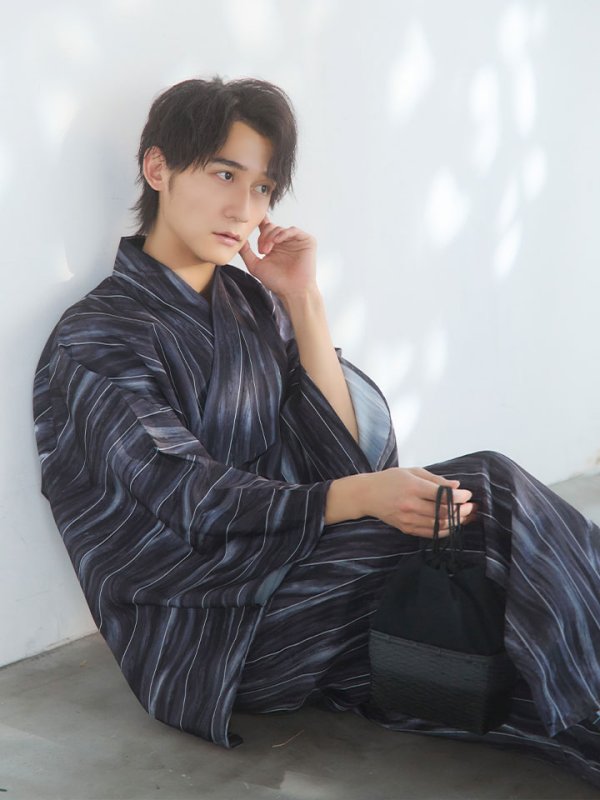 画像5: 【即日発送！】【メンズ浴衣】モザイクアート×ストライプ浴衣【浴衣３点セット 浴衣/帯/下駄】[YMT] (5)