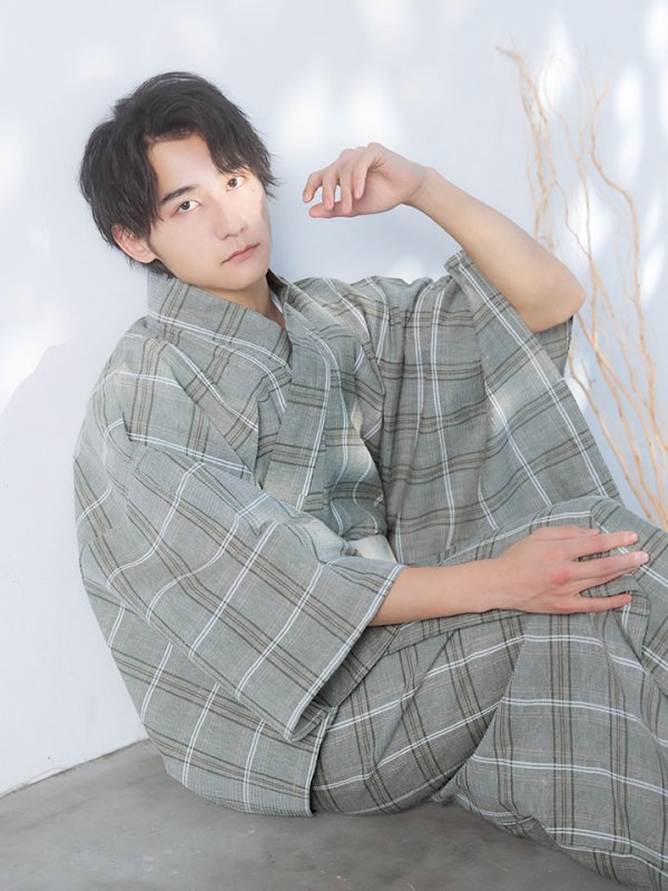 画像1: 【即日発送】【メンズ浴衣】グリーンベージュモダン浴衣【浴衣３点セット 浴衣/帯/下駄】[FB03] (1)