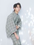 画像11: 【即日発送】【メンズ浴衣】グリーンベージュモダン浴衣【浴衣３点セット 浴衣/帯/下駄】[FB03] (11)