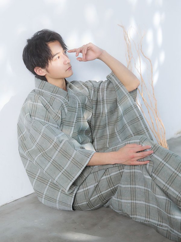 画像8: 【即日発送】【メンズ浴衣】グリーンベージュモダン浴衣【浴衣３点セット 浴衣/帯/下駄】[FB03] (8)