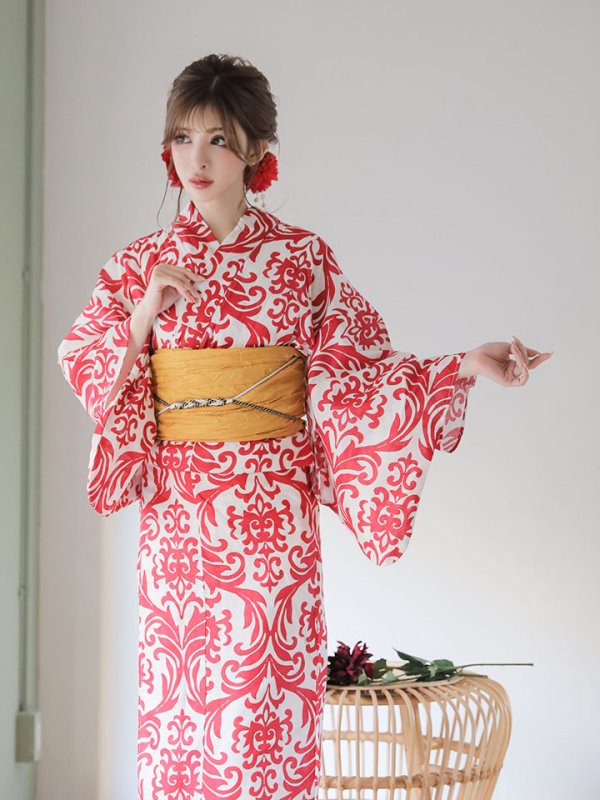 画像10: 【即日発送】【浴衣SALE】SALE!【浴衣】sugar&Jewelsオリジナルデザイン!紅緋×ダマスク浴衣浴衣セット【浴衣3点セット浴衣/帯/下駄】【YMT】 (10)