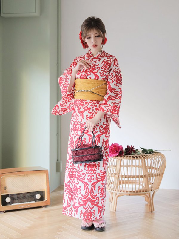 画像4: 【即日発送】【浴衣SALE】SALE!【浴衣】sugar&Jewelsオリジナルデザイン!紅緋×ダマスク浴衣浴衣セット【浴衣3点セット浴衣/帯/下駄】【YMT】 (4)