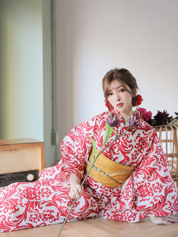 画像6: 【即日発送】【浴衣SALE】SALE!【浴衣】sugar&Jewelsオリジナルデザイン!紅緋×ダマスク浴衣浴衣セット【浴衣3点セット浴衣/帯/下駄】【YMT】 (6)