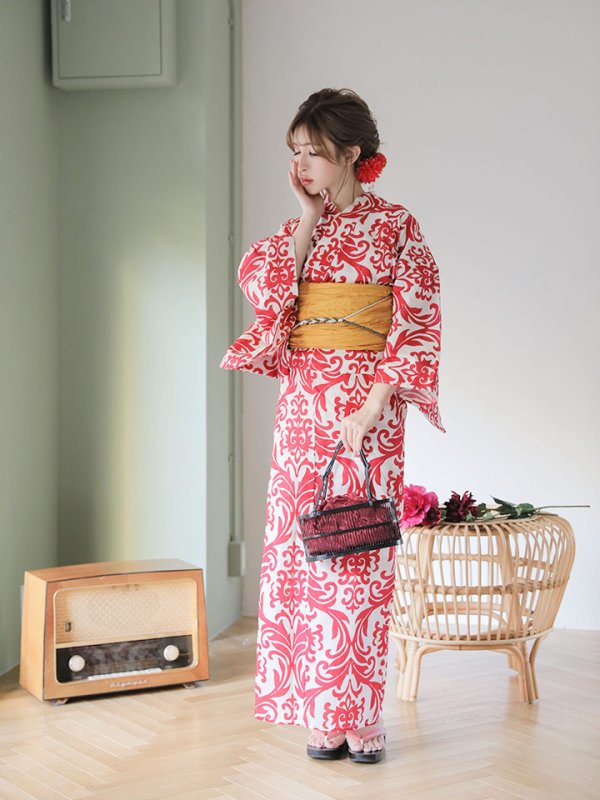 画像7: 【即日発送】【浴衣SALE】SALE!【浴衣】sugar&Jewelsオリジナルデザイン!紅緋×ダマスク浴衣浴衣セット【浴衣3点セット浴衣/帯/下駄】【YMT】 (7)