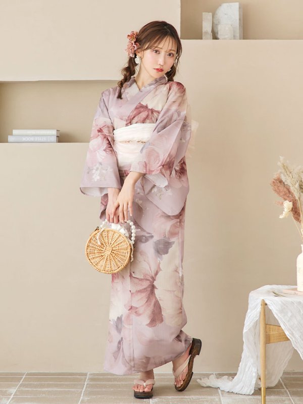 画像4: 【即日発送】アンティークフラワーピンク浴衣  【浴衣３点セット 浴衣/帯/下駄】[YMT] (4)