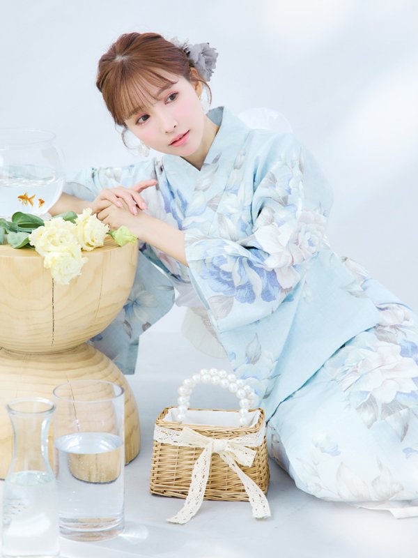 画像13: 【即日発送】クラシカルローズブルー浴衣  【浴衣３点セット 浴衣/帯/下駄】[YMT] (13)